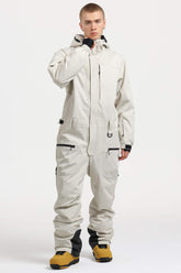 Men's Off White Stylish Waterproof & Windproof Loose-Fit One-Piece Ski Suit with Detachable Hood & Multipockets